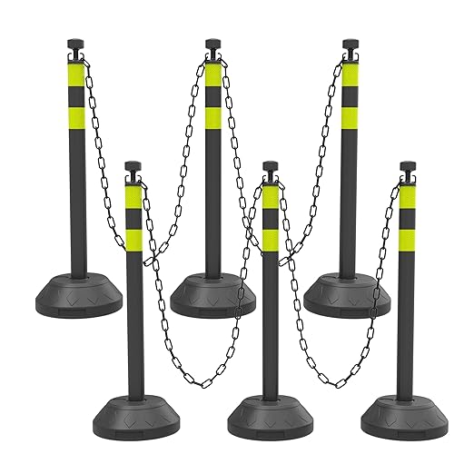 6 Pack Traffic Delineator Post Cones with Plastic Chain Crowd Control Barriers - Expandable 40" Traffic Control Cones, 6 x 6.6 Ft Chains for Indoor & Outdoor Use (Black-Water Filled Base)