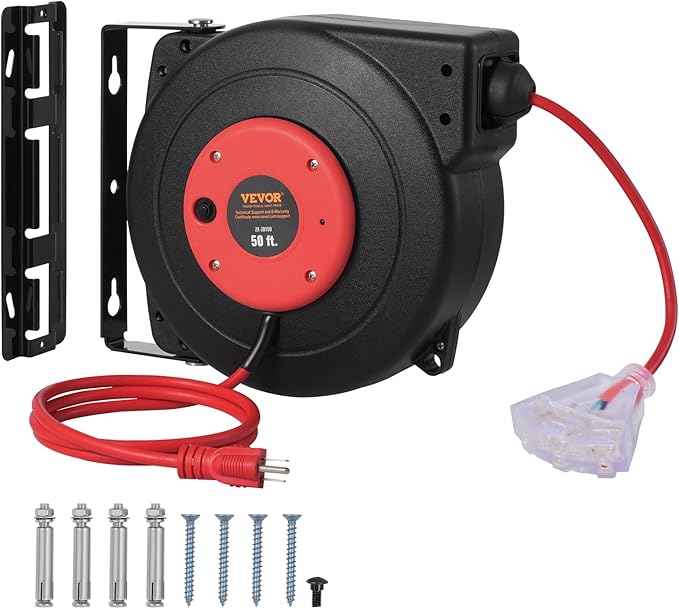 VEVOR Retractable Extension Cord Reel, 50 FT, Heavy Duty 14AWG/3C SJTOW Extension Power Cord with Lighted Triple Tap Outlet, 13A Circuit Breaker 180° Swivel Bracket for Ceiling or Wall Mount, Red