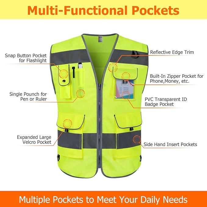 TCCFCCT Hi Vis Vest 9 Pockets High Visibility Reflective Safety Vest for Men Women, Safety Construction Vest with Reflective Strips, Meets ANSI/ISEA Standards, (Yellow, Medium)