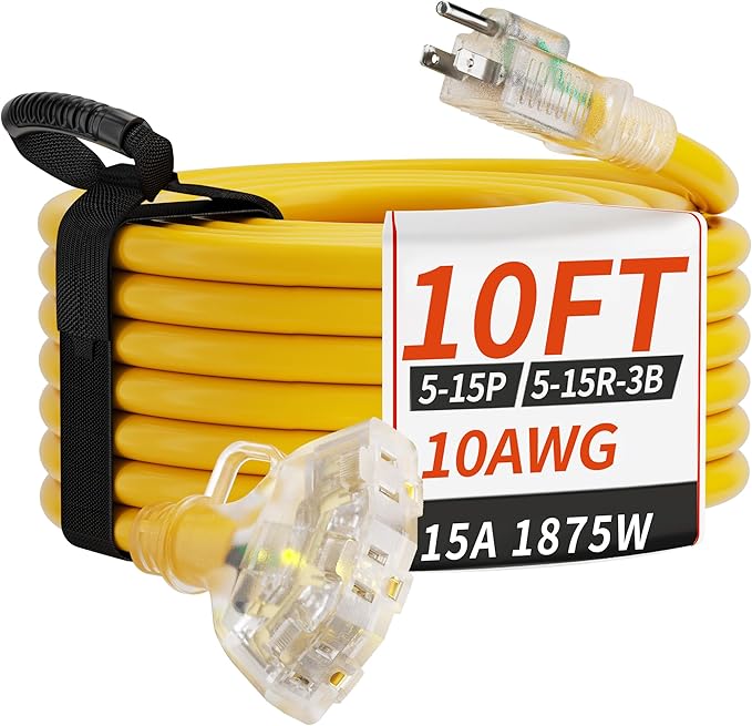 10 FT 10 Gauge Outdoor Extension Cord with Multiple Outlets Light Indicator, Flexible 3 Outlet Weatherproof Heavy Duty Extension Cord Waterproof Yellow, 15A 1875W 10AWG SJTW, ETL Listed