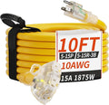 10 FT 10 Gauge Outdoor Extension Cord with Multiple Outlets Light Indicator, Flexible 3 Outlet Weatherproof Heavy Duty Extension Cord Waterproof Yellow, 15A 1875W 10AWG SJTW, ETL Listed