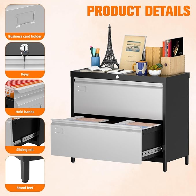 SUXXAN Metal 2 Drawer Lateral File Cabinet with Lock & Adjustable Feet - Wide Filing Cabinet for Letter/Legal/F4/A4 Hanging Files - Includes Business Card Holder,Home Office School Storage,Black/Grey