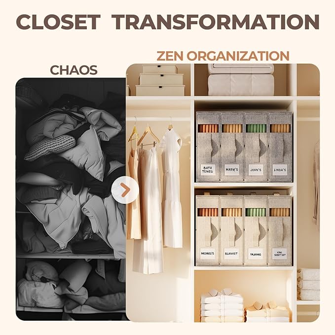 4Pack Sheet Organizers for Linen Closet - King/Queen Size Bedding Storage Boxes with Clear Window, Foldable & Dustproof Linen Organizer for Blankets & Sheet Sets,Grey