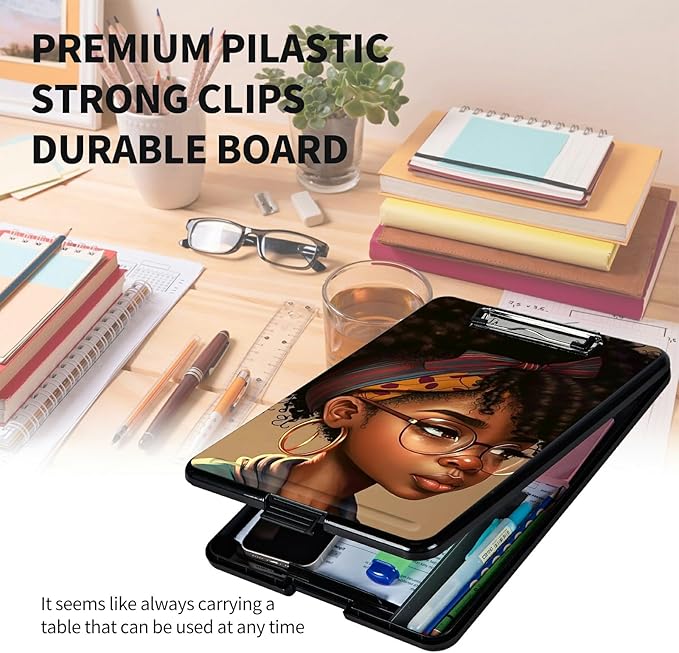 A4 Clipboards,Heavy Duty Waterproof Nursing Plastic Folder Clipboard with Storage Clip Boards,File Folder Storage Box Clipboard Case for Teacher,Doctor,Offices,Black African American