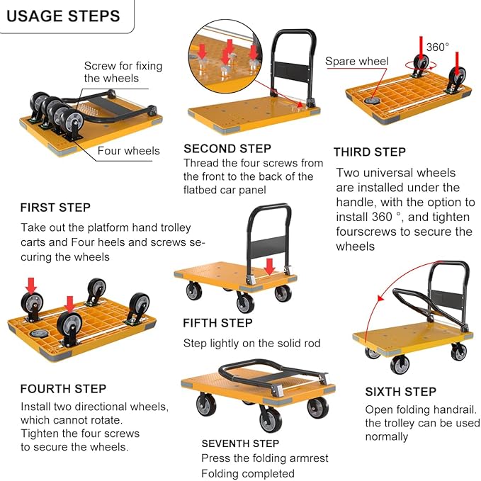 WUD Push Cart, Folding Mobile Platform Trolley,Thickened and Reinforced, 360° Swivel Wheels,35.4 “L x 23.6 ”W, 1323 lb.Grey Dolly cart with Wheels
