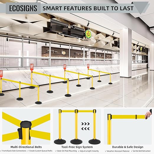 ECOSlGNS 6 Pack Stanchions with 10ft Retractable Belts - Yellow Stanchion Posts Set Crowd Control Barriers Line Dividers with Weighted Rubber Base & Sign Holders for Queue Management