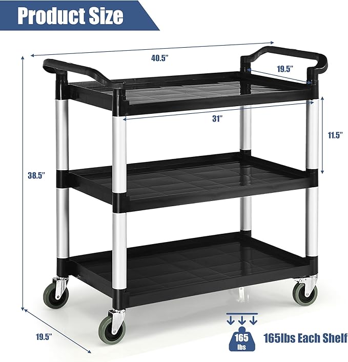 Goplus 3-Tier Utility Cart, Heavy-Duty Service Cart w/Lockable Wheels & Double Handles, Sturdy Aluminum Structure, 495 LBS Max Load, Tool Cart for Office Kitchen Garage (40.5" x 19.5" x 38.5")