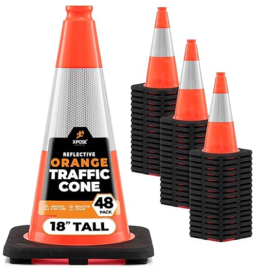 Xpose Safety 18 Inch Orange Traffic Cones with 6" Collar - 48 Pack Multipurpose PVC Plastic Safety Cone for Parking, Soccer, Caution, Kids and Construction - DOT Approved