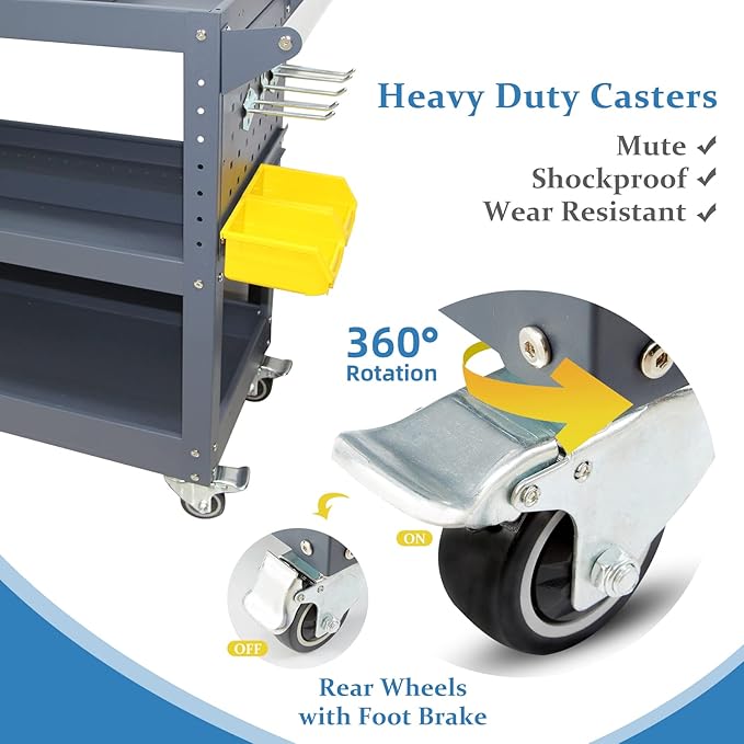 3 Tier Rolling Tool Cart with 6 Dividers, Mesh Panels & Screwdriver Shelf, 500 lbs Capacity, 32.5"x31.5"x15"
