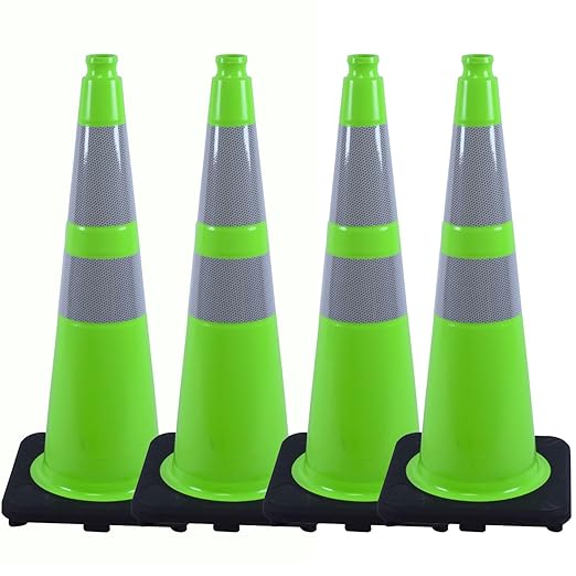 BESEA 4PCS 28" inch Traffic Cones Green Safety Cones with 6 inch & 4inch Reflective Collar for Construction Driveway Road Parking Stopper