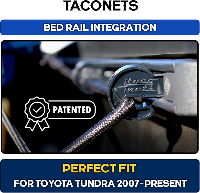 Cargo Net for Toyota Tundra - Fits 2007-2025 - Patented Bed Rail Integration - Heavy Duty 8mm Premium Bungee 4'x6' Cargo Netting - Designed in USA