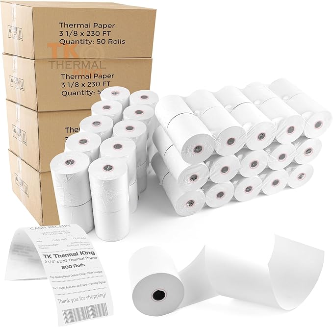(200 Rolls) 3 1/8" x 230' Thermal Paper, POS Receipt Paper for Retail Business Cash Register, Fits Most Credit Card Terminal Point Of Sale