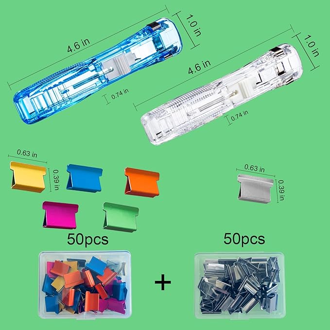 Reusable Portable Paper Clam Clip Dispenser, 40 Sheet Capacity-2Pcs Dispenser 100 Metal Refill Clips (50 Silver + 50 Color) for Home, School, Desk Office (Blue and White)
