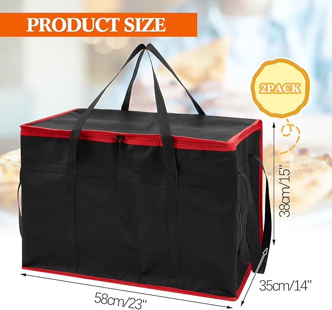 Maxcheck 2 Pcs Insulated Bags for Food Delivery XXXL Large Capacity Hot Grocery Tote Bag Reusable Warming Pizza Catering Carrier for Commercial Travel Lunch Shopping Gifts (Red Edge)