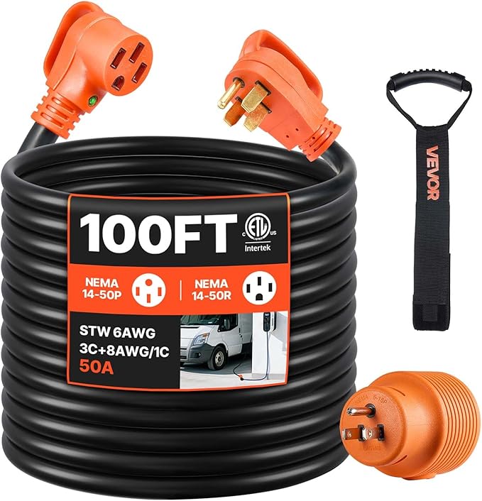 VEVOR 100 FT RV Extension Cord, 50 Amp, 125V 7500W Heavy Duty STW 6/3 + 8/1 Gauge Wire, NEMA 14-50P Male NEMA 14-50R Female Plug, with LED Indicator, Handle, 15A Adapter, for RV Trailer, ETL Listed