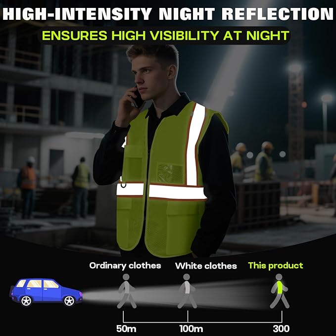 Safety Vest Customize Logo with 5 Pockets & Zipper Reflective High Visibility Vest Class 2 Outdoor Workwear