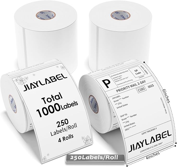 4x6 Thermal Mailing Labels for Direct Thermal Label Printer Shipping Sticker Paper for Address Postage, 250 Labels/Roll, 4 Rolls, Total 1000PCS