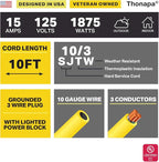 10 ft 10 Gauge Extension Cord with 3 Outlets, 10/3 Heavy Duty Outdoor Extension Cord 10' with Multiple Outlets 3 Prong, 15 Amp SJTW Weatherproof Industrial Cable, Yellow, for Major Appliances