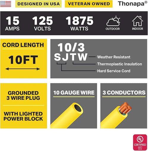 10 ft 10 Gauge Extension Cord with 3 Outlets, 10/3 Heavy Duty Outdoor Extension Cord 10' with Multiple Outlets 3 Prong, 15 Amp SJTW Weatherproof Industrial Cable, Yellow, for Major Appliances