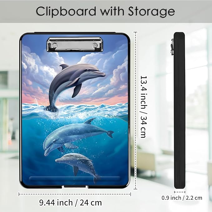 Clipboard with Storage,Office Supplies Nursing Clipboards Folder with Pen Holder Plastic Foldable Clip Board with Storage for Nurse Teacher,Cute Dolphin