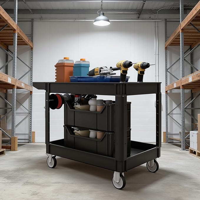 2-Tier Rolling Tool Cart,Heavy-Duty Plastic Service Cart with Lipped Shelves,550 lbs Capacity Utility Cart,46 x 26 Inch Rolling Work Carts for Garage,Salon,Kitchen,Office-Black