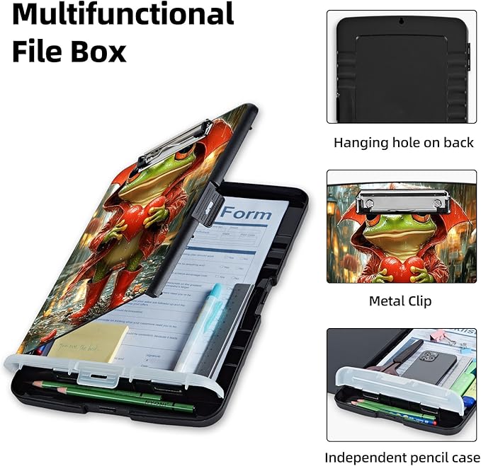 Clipboard with Storage Box & Pen Holder,Heavy Duty Clip Boards 8.5x11 for Nursing,High Capacity,School & Office Supplies,Rainy Frog Love