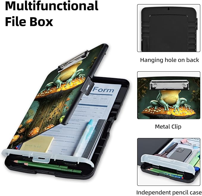 Clipboard with Storage Box & Pen Holder,Heavy Duty Clip Boards 8.5x11 for Nursing,High Capacity,School & Office Supplies,Frog Mushroom Forest