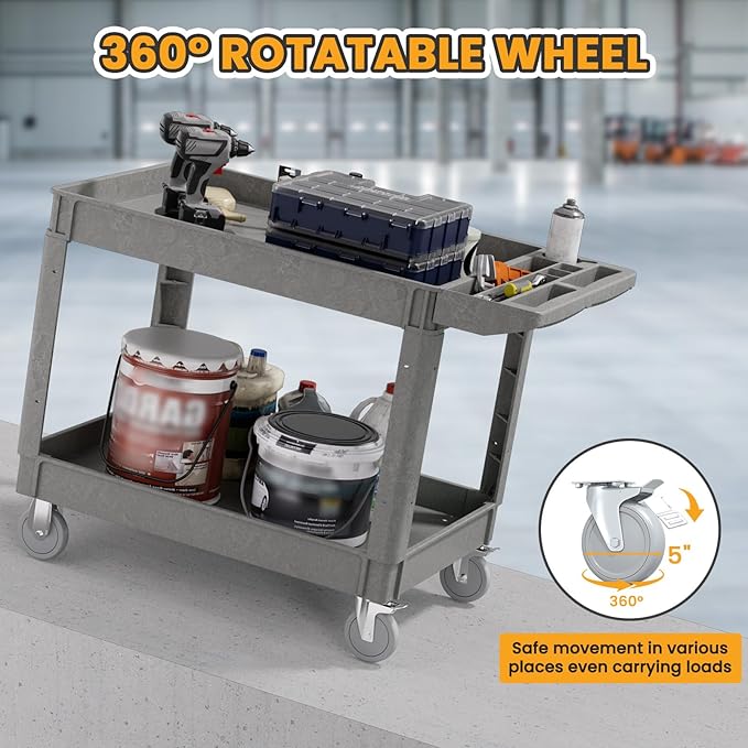 2-Tier Rolling Tool Cart,Heavy-Duty Plastic Service Cart with Lipped Shelves,550 lbs Capacity Utility Cart,46 x 26 Inch Rolling Work Carts for Garage,Salon,Kitchen,Office-Gray