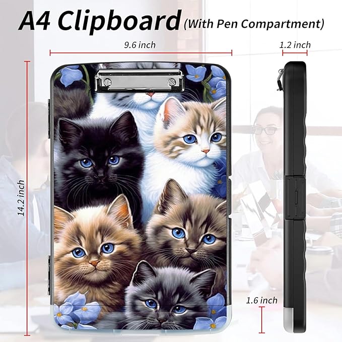 File Clipboard Storage with Pen Holder High Capacity Plastic Nursing Clipboards File Folder Storage Box Clipboard with Heavy Duty Clips for Teacher,Doctor,Offices-Cute Cat