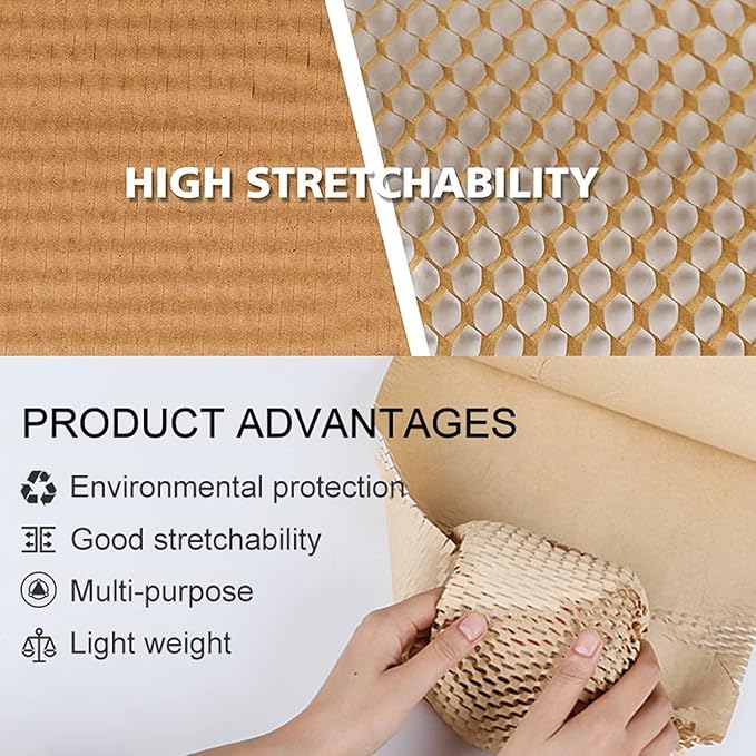 Honeycomb Packing Paper,12" W x 100' L Packing Paper for Moving,Products & Gifts Honeycomb Wrapping Paper,Recyclable and Biodegradable Cushioning Packing Material with 10 Fragile Sticker Labels