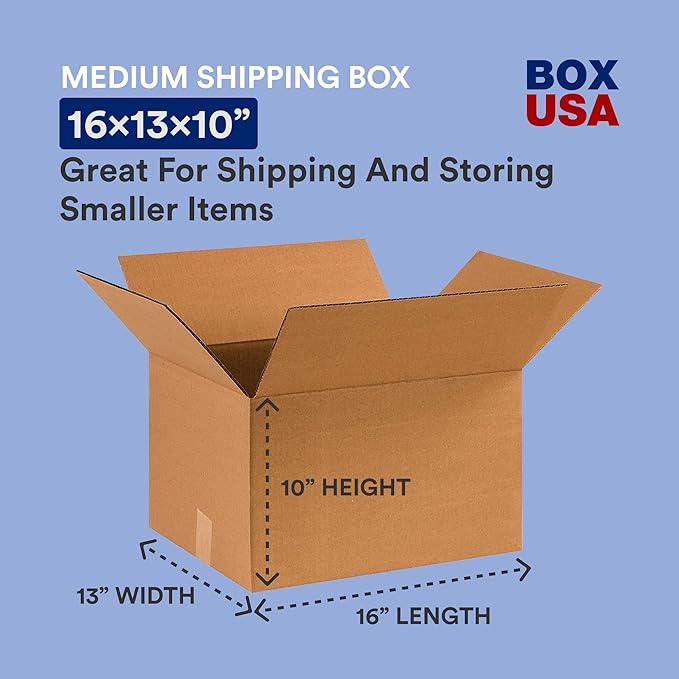 BOX USA Shipping Boxes 16"L x 13"W x 10"H, 25-Pack Medium Corrugated Cardboard Boxes for Shipping, Mailing, Packing, Packaging and Storage