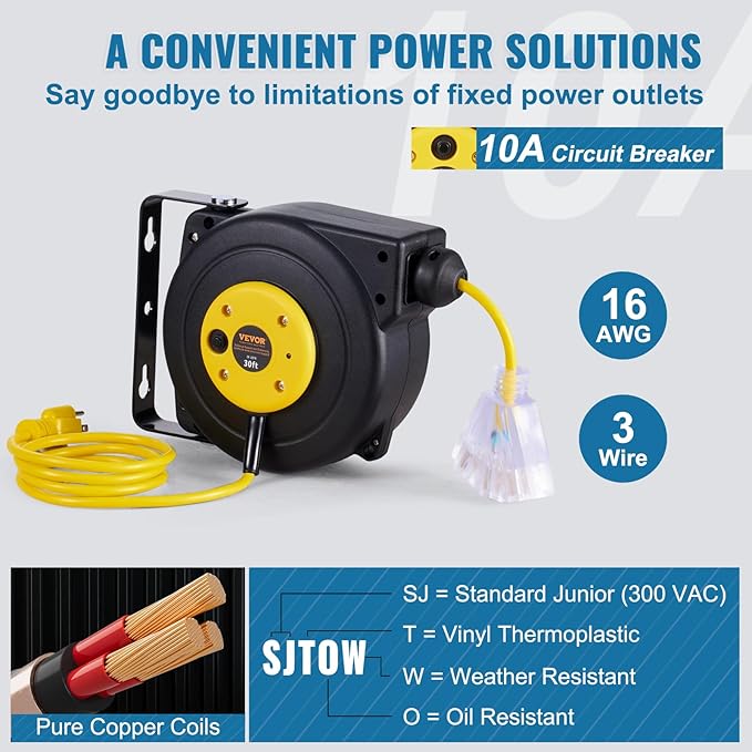 VEVOR Retractable Extension Cord Reel, 30 FT, Heavy Duty 16AWG/3C SJTOW Retractable Power Cord Reel with Lighted Triple Tap Outlet 10 Amp Circuit Breaker 4.5FT Lead-in Cord, for Ceiling or Wall Mount