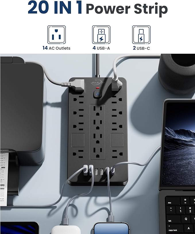 Surge Protector Power Strip-14 Outlets and 6 USB Ports, 6 Feet Flat Plug Extension Cord, 1850 Joules, Black, ETL Listed for Home, Office, Dorm Room
