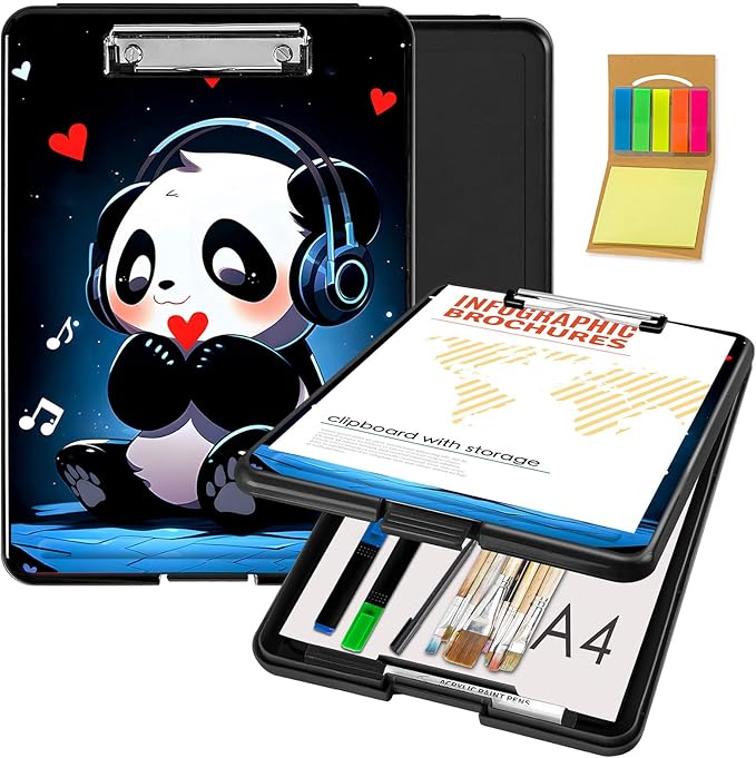 Clipboard with Storage,Office Supplies Nursing Clipboards Folder with Pen Holder Plastic Foldable Clip Board with Storage for Nurse Teacher,Cute Music Panda