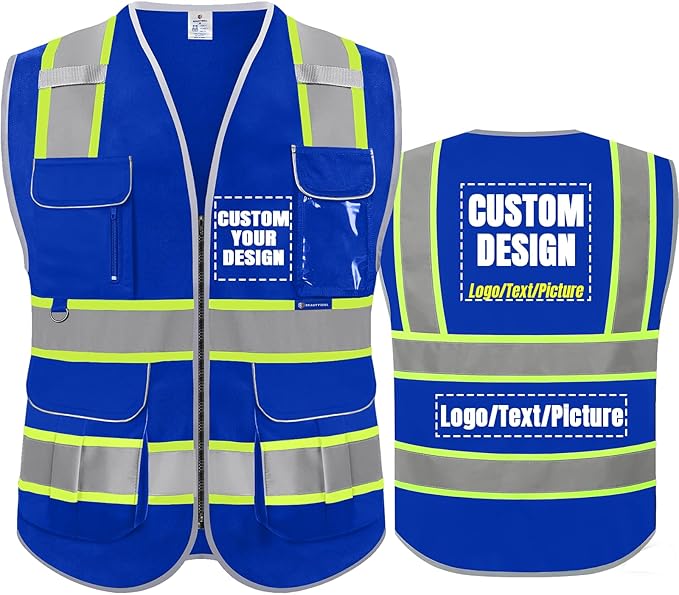 BeautyWill Custom Logo Safety Vest 8 Pockets Class2 ANSI Certified High Visibility Reflective Vest for Men - Personalized Logo Heavy-Duty Work Vest（Blue，4XL）