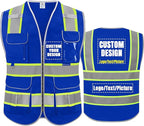 BeautyWill Custom Logo Safety Vest 8 Pockets Class2 ANSI Certified High Visibility Reflective Vest for Men - Personalized Logo Heavy-Duty Work Vest（Blue，L）