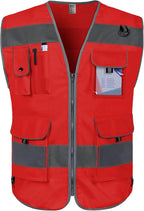 TCCFCCT Red Safety Vest for Men Women 9 Pockets High Visibility Reflective Vest for Safety, Work Vest with Reflective Strips, Meets ANSI/ISEA Standards, Large