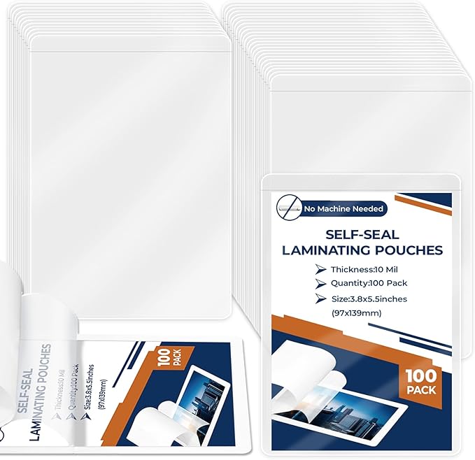 100 Pack 10 Mil 3"x5" Self Sealing Laminating Pouches Self Adhesive Lamination Pouches Clear Laminate Sheets for Photos Index Cards Office School(No Heat Laminating Sheets & No Laminator Machine Need)