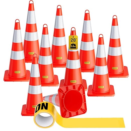 10 Pack 28 Inch Traffic Cones, from -22℉ to 131℉, MUTCD-Compliant Orange Safety Cone with Reflective Collar ＆ Extra Caution Tape for Parking Lot, Construction Work, Road Safety