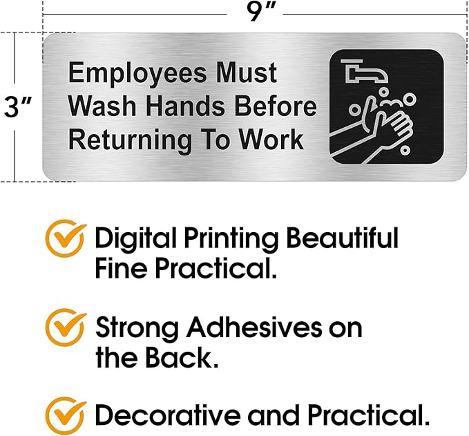 Faittoo Employees Must Wash Hands Before Returning to Work Sign, (4 Pack) Rust Free Brushed Aluminum Sign with Symbols, Self-adhesive, for Restaurant, Salons, Hotel, Rest Stops, Public Restrooms