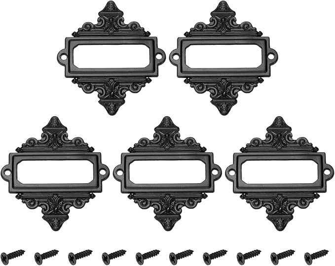 uxcell 5 Pcs Metal Label Holder, 2.2 x 2.4 Inch Small Vintage Card Frame Tag Floral Lace Label Holder with Screws for File Boxes Drawers Door Cabinet Book Shelves, Black