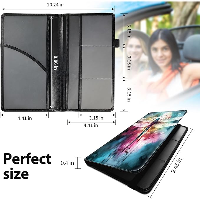 Car Registration and Insurance Holder, Leather Car Glove Box Organizer, Cool Car Accessories for ID, Driver's License Cards & Essential Document,business cards,Men&Women,Color Dragonfly