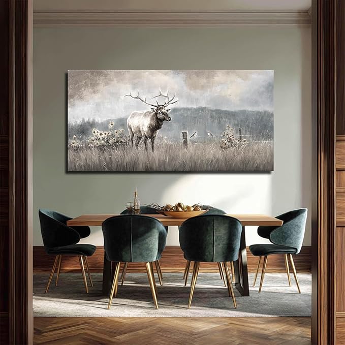ZHENGYIN Extra Wide Panoramic Elk Canvas Wall Art,Western Deer Meadow Landscape Artwork, Neutral Misty Mountain Scene, Rustic Country Wall Decor for Great Room Living Room, Over Sectional, 29x58 Inch