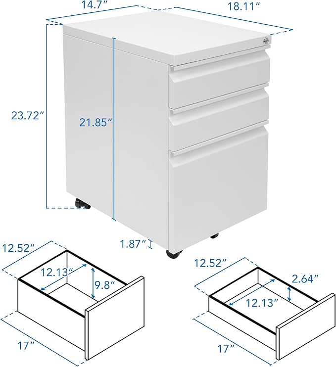 Mount-It! 3 Drawer File Cabinet with Lock and Wheels, Under Desk Storage Filing Pedestal for Home Office, No Assembly Small Rolling File Cabinet for Legal, Letter, and A4 Files in White