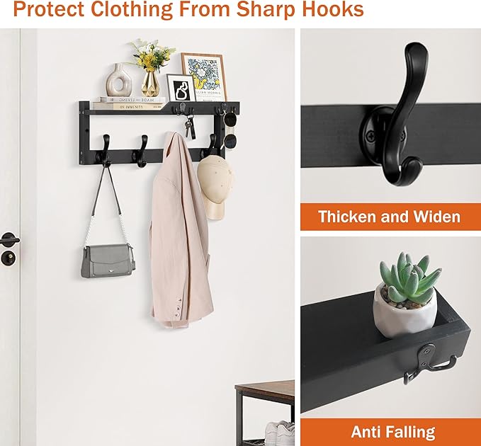 Coat Rack Wall Mount with Shelf, Coat Hanger Wall Mount with Key Hooks and Mail Holder, Wood Entryway Floating Shelf with Hooks and Storage, Hat Rack for Wall Key Holder Mail Organizer