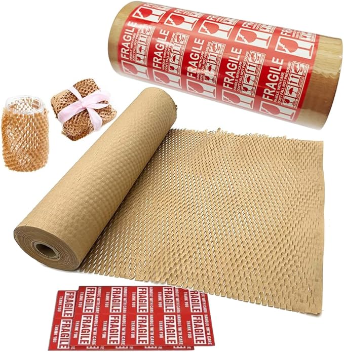 Honeycomb Packing Paper 12" W x 330' L Packing Paper for Moving Products & Gifts Honeycomb Wrapping Paper Recyclable and Biodegradable Cushioning Packing Material with 20 Fragile Stickers