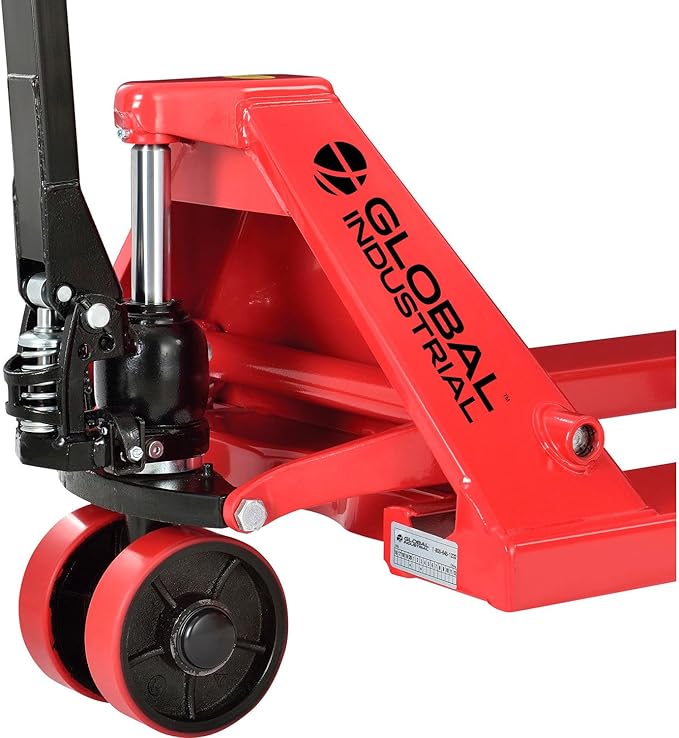Global Industrial Standard Duty Narrow Pallet Jack with 21" W x 48" L Forks, 5500 lb. Capacity, Manual Pallet Truck for Warehouse, Manufacturing and Retail, Red Powder Coat Finish