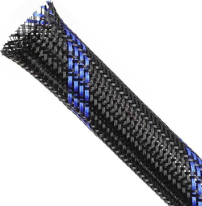 Braided Cable Sleeving, PET Expandable Braided Cable Sleeve, Flexible Mesh Sleeving Cord Management for Audio Video and Other Home Device, Cord Protector from Pets (Black Blue, 3/8" x 25ft)