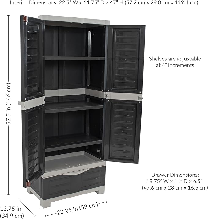 Sunnydaze Lockable Storage Cabinet - Indoor or Garage Storage Cabinet with 3 Adjustable Shelves - 57.5" H - Garage, Office, Home, Laundry Room - Charcoal