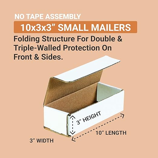 BOX USA Mailer Boxes Small 10"L x 3"W x 3"H 50-Pack - Corrugated Cardboard Box for Shipping, Moving, Mailing, Packing, Packaging and Storage